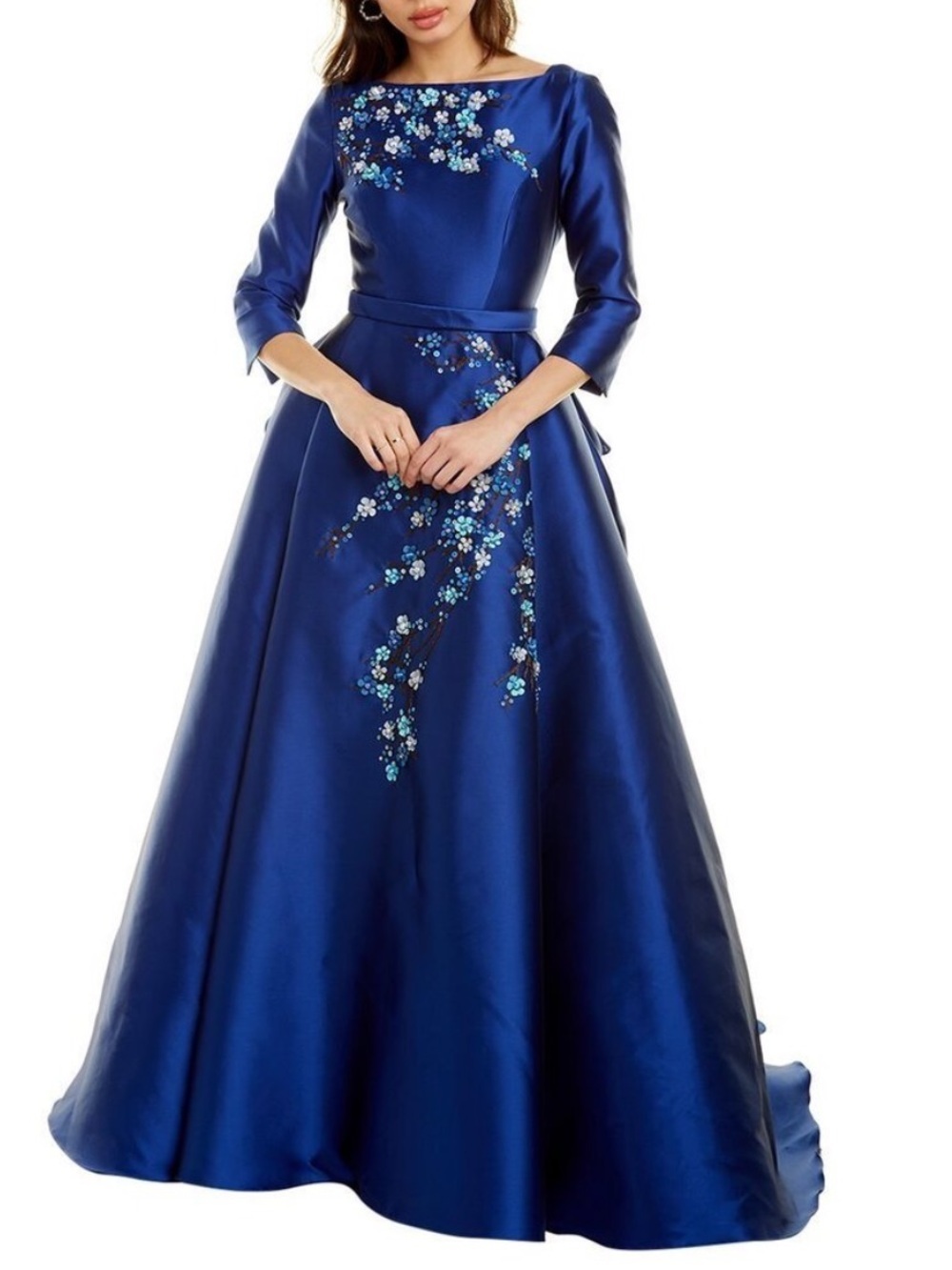 NWT Carolina Herrera Embroidered Floral Taffeta Satin Bateau Neck Gown Blue 10